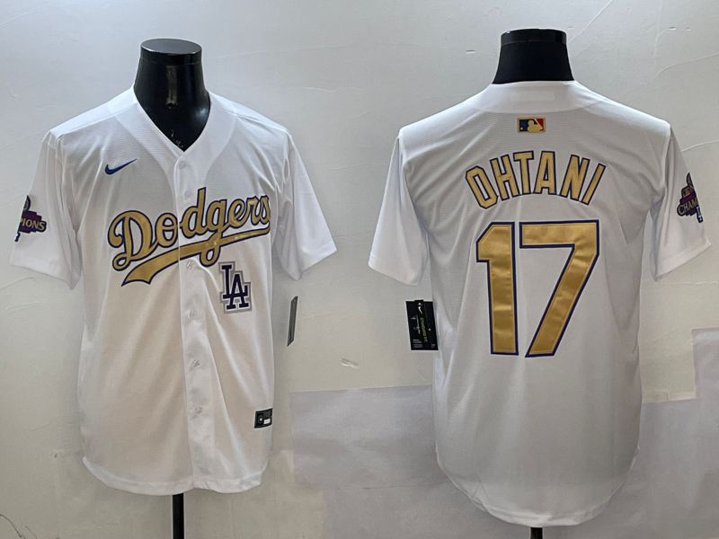 Men Los Angeles Dodgers 17 Ohtani White Champion gold character 2025 Nike MLB Jersey style 26